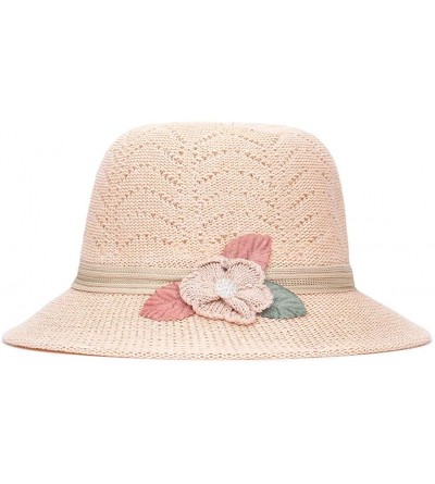 Fedoras Women Lady Summer Breathable Sun Braided Trim Straw Bowler Cap Cloche Hat - Leaf & Flower - Ivory - C118TUMIC3L $7.22