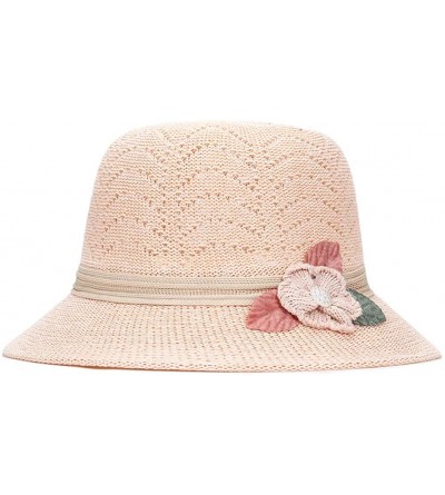 Fedoras Women Lady Summer Breathable Sun Braided Trim Straw Bowler Cap Cloche Hat - Leaf & Flower - Ivory - C118TUMIC3L $7.22