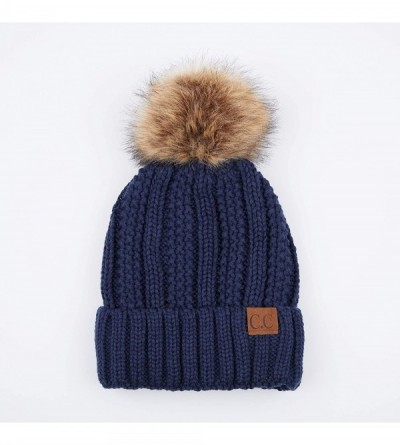 Skullies & Beanies Exclusives Fuzzy Lined Knit Fur Pom Beanie Hat (YJ-820) - Navy - CP18I6RAHN7 $20.92