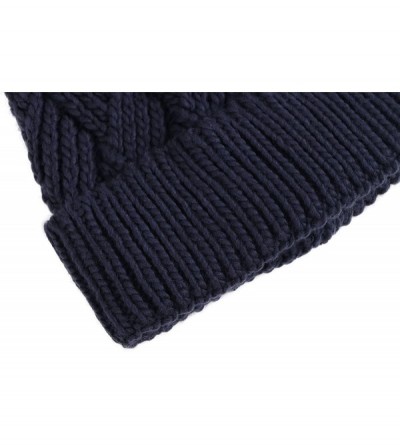 Skullies & Beanies Diamond Weave Knit Beanie with Faux Fur Pompom - Navy - CB185LUQRQQ $10.01
