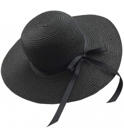 Sun Hats Sun Hats Floppy Foldable Bowknot Large Wide Brim Straw Women's Hats Summer Beach Cap UV Protection - Black - CM18NN5...