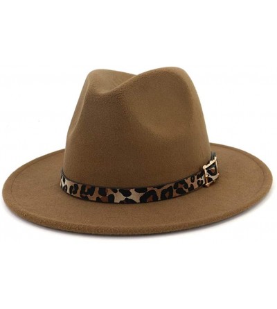 Fedoras Women's Wide Brim Felt Fedora Panama Hat with Leopard Belt Buckle - Khaki - CF18IZU9K44 $30.29