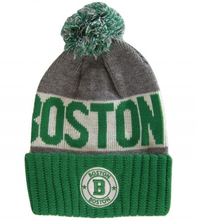 Skullies & Beanies Boston Men's Winter Knit Landmark Patch Pom Beanie - Green/Gray - C118L7Y6I6X $12.40