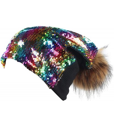 Skullies & Beanies Sequin Pom Beanie Hats Women Girls Ugly Christmas Sweater Holiday Caps for Concert Parties - Colorful - CF...