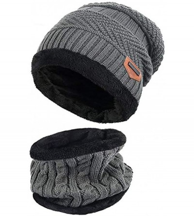 Skullies & Beanies Knitted Hat and Scarf Set- Winter Fleece Lining Wool Beanie Hat Neck Warmers for Men Women - Gray - CP18KS...