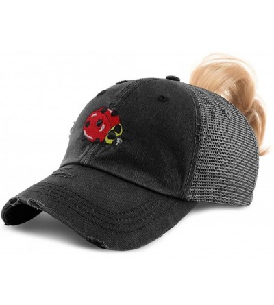 Baseball Caps Custom Womens Ponytail Cap Ladybug Embroidery Messy Bun Distressed Trucker Hats - Black Design Only - CA195WRW6...