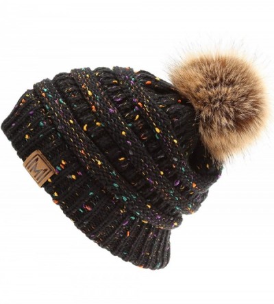 Skullies & Beanies Women's Soft Stretch Cable Knit Warm Skully Faux Fur Pom Pom Beanie Hats - Confetti - Black - C018W3WS8T5 ...