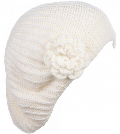 Berets Ladies Winter Solid Chic Slouchy Ribbed Crochet Knit Beret Beanie Hat W/WO Flower Adornment - Ivory Flower - C712N8N9X...