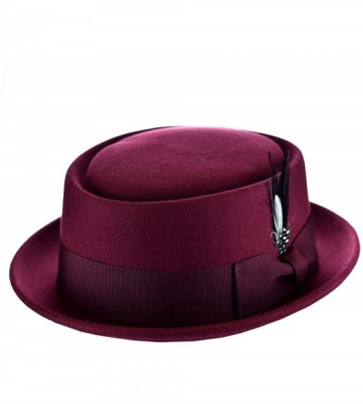 Fedoras Mens Crushable Wool Felt Porkpie Hat w/Feather - Burgundy - CS193ZL5ERG $69.27