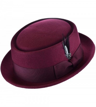 Fedoras Mens Crushable Wool Felt Porkpie Hat w/Feather - Burgundy - CS193ZL5ERG $32.33