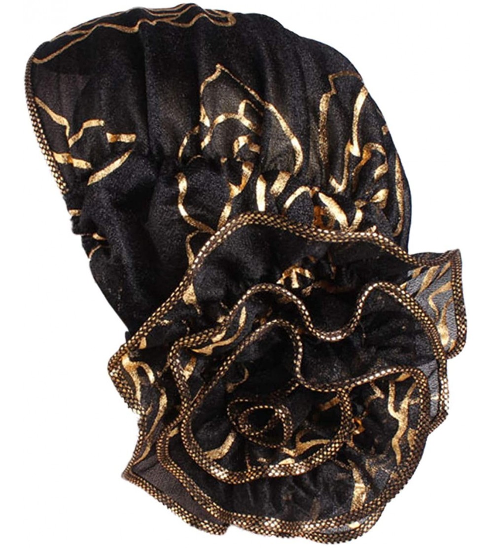 Skullies & Beanies Shiny Turban Hat Headwraps Twist Pleated Hair Wrap Stretch Turban - Black Flower - CB198HUNZI3 $11.82