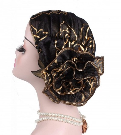 Skullies & Beanies Shiny Turban Hat Headwraps Twist Pleated Hair Wrap Stretch Turban - Black Flower - CB198HUNZI3 $11.82