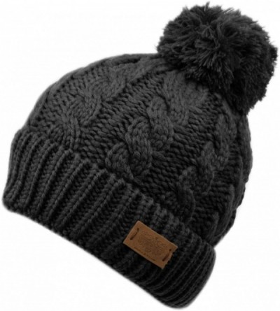 Skullies & Beanies Winter Oversized Cable Knitted Pom Pom Beanie Hat with Fleece Lining. - Black - C618L9TCWKY $14.11