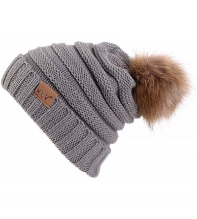 Skullies & Beanies Unisex Knit Slouchy Beanie Chunky Baggy Hat Warm Skull Ski Cap Faux Fur Pompom Hats for Women Men - A-gray...