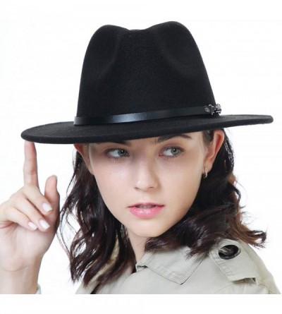 Fedoras Men & Women Classic Wide Brim Fedora Hat with Belt Buckle Wool Felt Panama Fedora M/L - A-black - CN18A5W96L4 $14.87