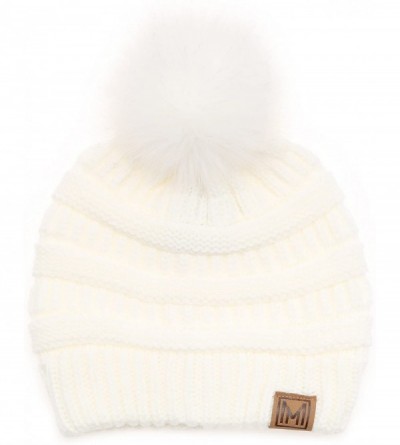 Skullies & Beanies Women's Soft Stretch Cable Knit Warm Skully Faux Fur Pom Pom Beanie Hats - 2 Pack - Off White & Mustard - ...