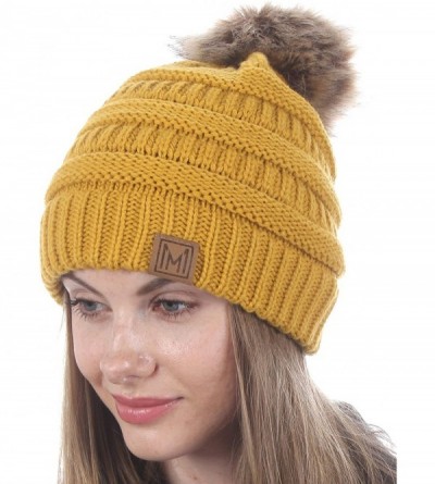Skullies & Beanies Women's Soft Stretch Cable Knit Warm Skully Faux Fur Pom Pom Beanie Hats - 2 Pack - Off White & Mustard - ...