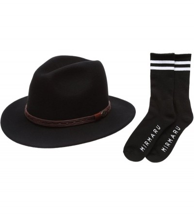 Fedoras Men's Premium Wool Outback Fedora with Faux Leather Band Hat with Socks. - He59-black - CP12MY0C6KX $72.20