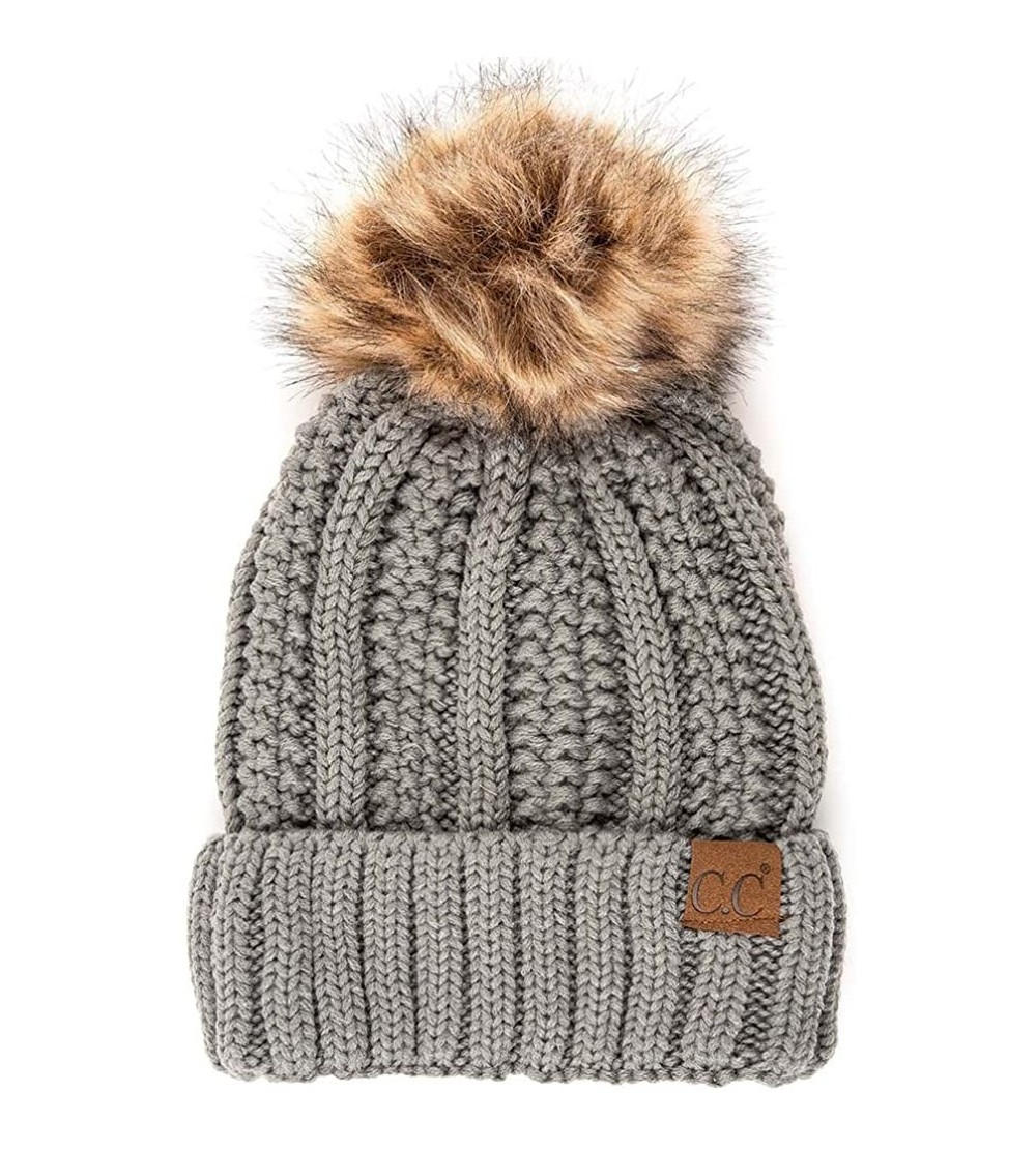Skullies & Beanies Exclusive Knitted Hat with Fuzzy Lining with Pom Pom - Natural Grey - CM18EXGIQWW $14.86