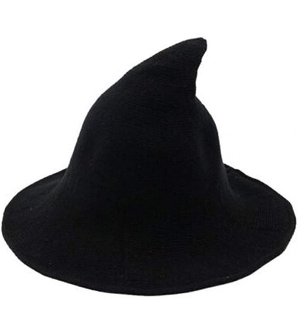 Skullies & Beanies Womens Witch Hat Knittes Wool Halloween Party Costume Cap Steeple Casual Hat - Black - CX18HYUA86Z $11.93