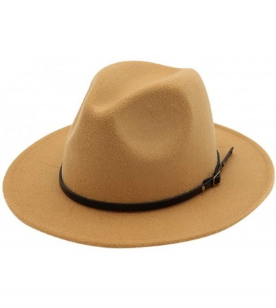 Fedoras Women's Vintage Fedora Hat Lady Retro Wide Brim Hat with Belt Buckle Unisex Classic Cotton Panama Hat - Khaki - CV193...