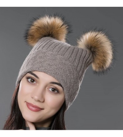 Skullies & Beanies Unisex Autumn Knit Wool Beanie Hat Women Winter Hat with Fur Ball Pom Pom - Brown With Raccoon Pompom - CI...