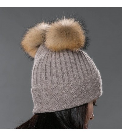 Skullies & Beanies Unisex Autumn Knit Wool Beanie Hat Women Winter Hat with Fur Ball Pom Pom - Brown With Raccoon Pompom - CI...