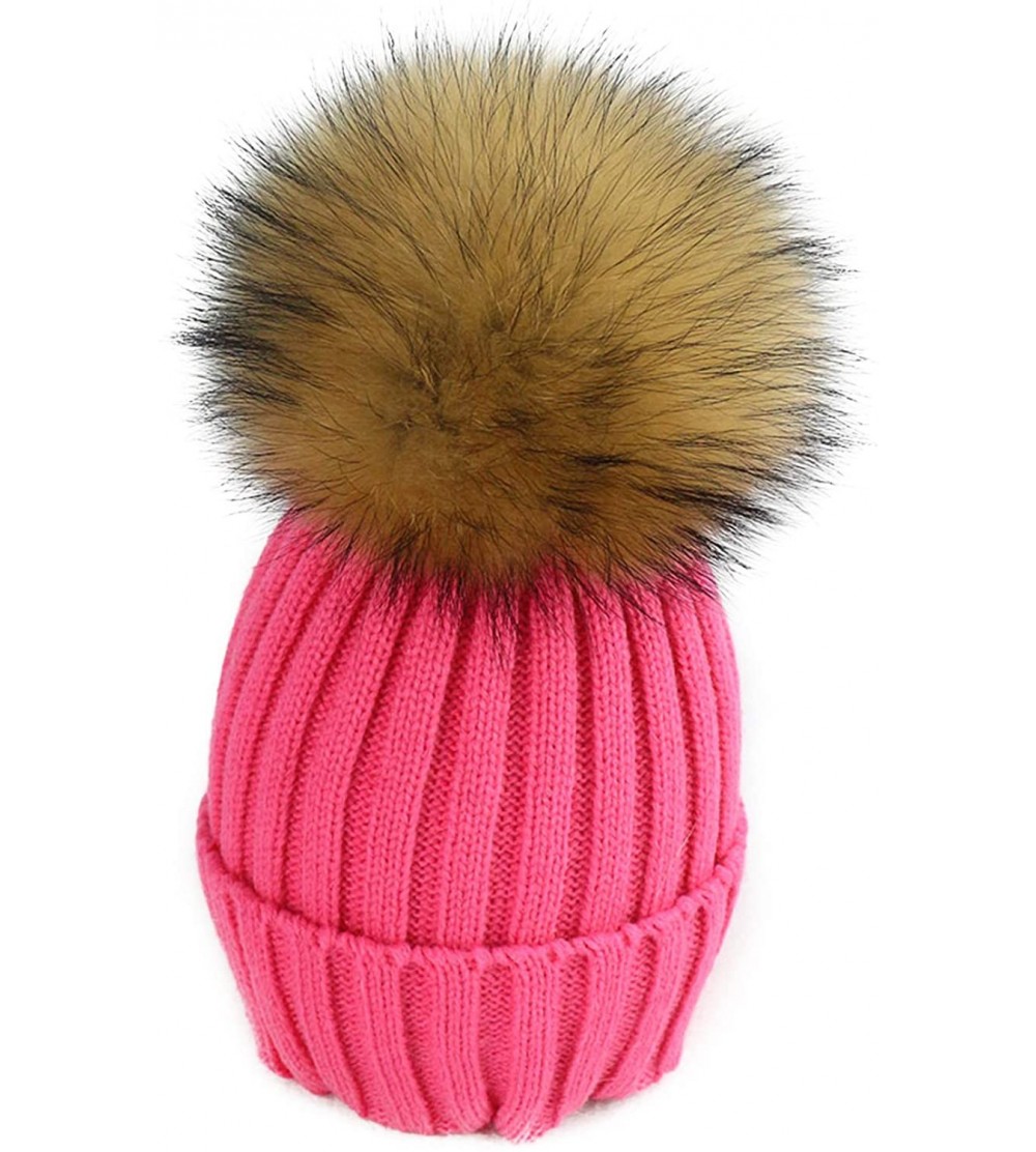 Skullies & Beanies Women Cable Knit Beanie Raccoon Fur Fuzzy Pompom Chunky Winter Stretch Skull Cap Cuff Hat - 29light Rose -...
