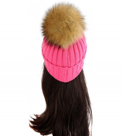 Skullies & Beanies Women Cable Knit Beanie Raccoon Fur Fuzzy Pompom Chunky Winter Stretch Skull Cap Cuff Hat - 29light Rose -...