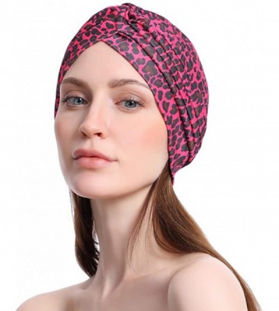 Sun Hats Shiny Turban Hat Headwraps Twist Pleated Hair Wrap Stretch Turban - Rose Red Leopard - CX199IGI6KN $11.77