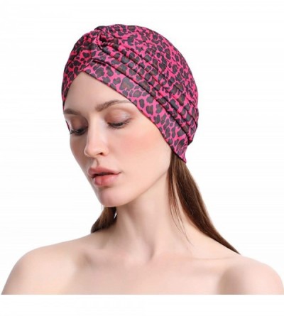 Sun Hats Shiny Turban Hat Headwraps Twist Pleated Hair Wrap Stretch Turban - Rose Red Leopard - CX199IGI6KN $11.77