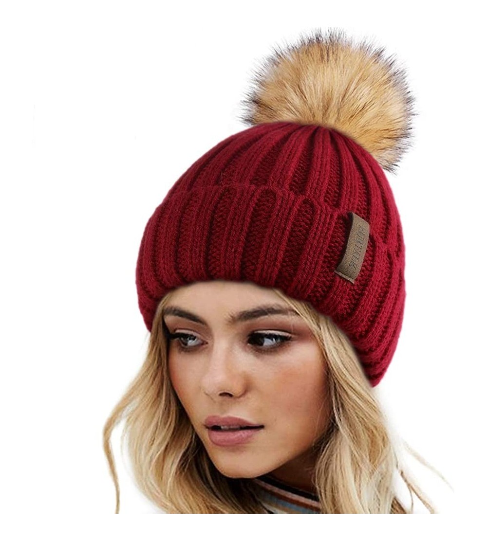 Skullies & Beanies Womens Winter Knitted Beanie Hat with Faux Fur Pom Warm Knit Skull Cap Beanie for Women - 09-wine Red - C6...