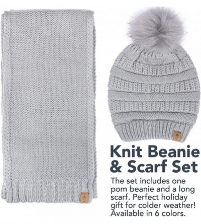 Skullies & Beanies Matching Knit Scarf and Beanie- Winter Thermal Set Slouchy Pom Ski Cap for Women - Knit Grey - C918ZLDON08...