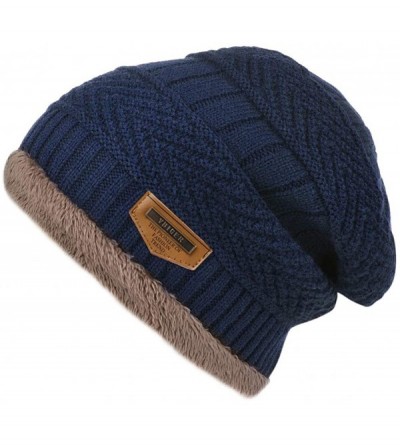 Skullies & Beanies 2-Pieces Winter Beanie Hat Scarf Set Warm Knit Hat Thick Knit Skull Cap for Men Women - Navy Blue - CJ187C...