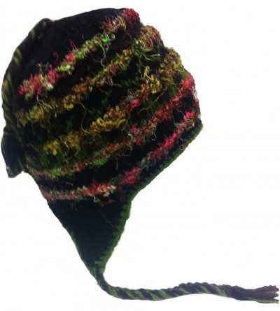 Skullies & Beanies Nepal Hand Knit Sherpa Hat with Ear Flaps- Trapper Ski Heavy Wool Fleeced Lined Cap - Green Rainbow Slub -...