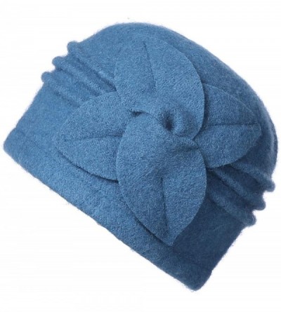 Bucket Hats Women's 100% Wool Flower Warm Cloche Bucket Hat Slouch Wrinkled Beanie Cap Crushable - Sky Blue - CS18K756MYK $15.12