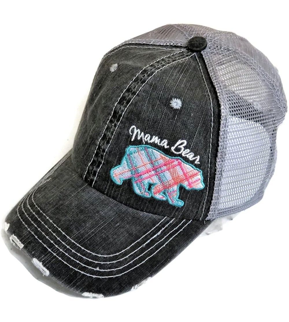 Baseball Caps Embroidered Pastel Plaid Mama Bear Distressed Look Grey Trucker Cap Hat - CW18CAZ5AE2 $29.15
