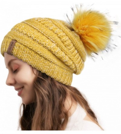 Skullies & Beanies Winter Slouchy Beanie Hats Women Fleece Lined Warm Ski Knitted Pom Pom Hat - 26-mixyellow - CN18UKR7KTI $1...