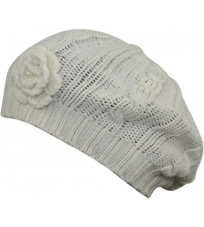 Berets Women Crochet Braided Knit Flower Beret Baggy Beanie Ski Cap Hat - White - C411ZYOBAPR $10.22
