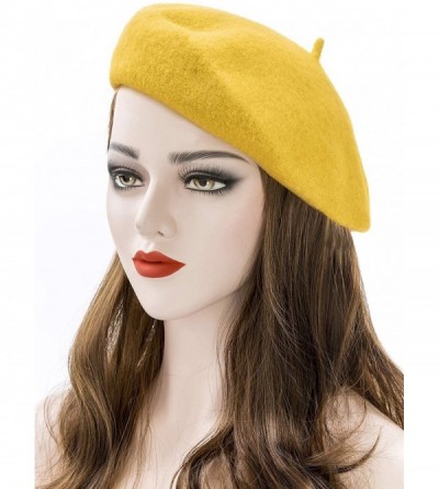 Berets Women Wool Beret Hat Solid Color French Style Warm Cap - Lemon Yellow - CG18LRX6GUQ $12.56
