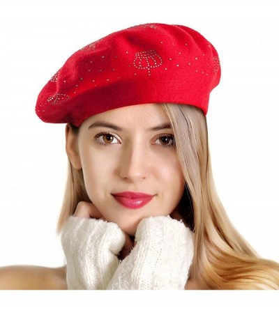Berets Beret Hats for Women Rhinestones 2 Layers Wool French Hat Lady Winter Black Red - Red-top Rhinestones - C4187K8TMND $1...