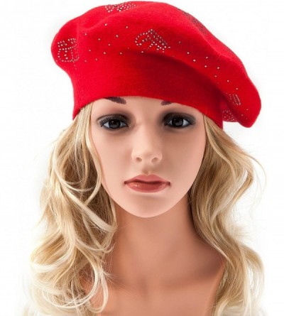 Berets Beret Hats for Women Rhinestones 2 Layers Wool French Hat Lady Winter Black Red - Red-top Rhinestones - C4187K8TMND $1...