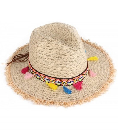 Sun Hats Colorful Tassels Women's Straw Hat Wide Brim Beach Summer Sun Hat - Dfh002beige - CU183QA70TT $12.54