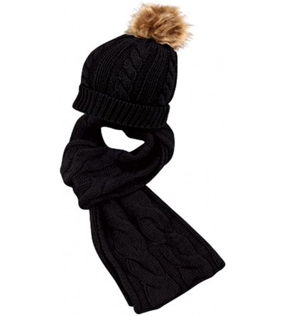 Skullies & Beanies Unisex Winter Warm Cable Knit Scarf with complementing Pompom Slouchy Beanie - Black - C2120QGJJ0B $8.21