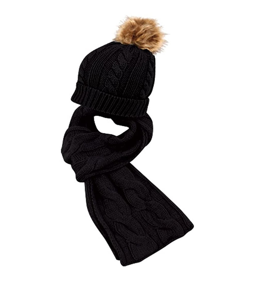 Skullies & Beanies Unisex Winter Warm Cable Knit Scarf with complementing Pompom Slouchy Beanie - Black - C2120QGJJ0B $8.21
