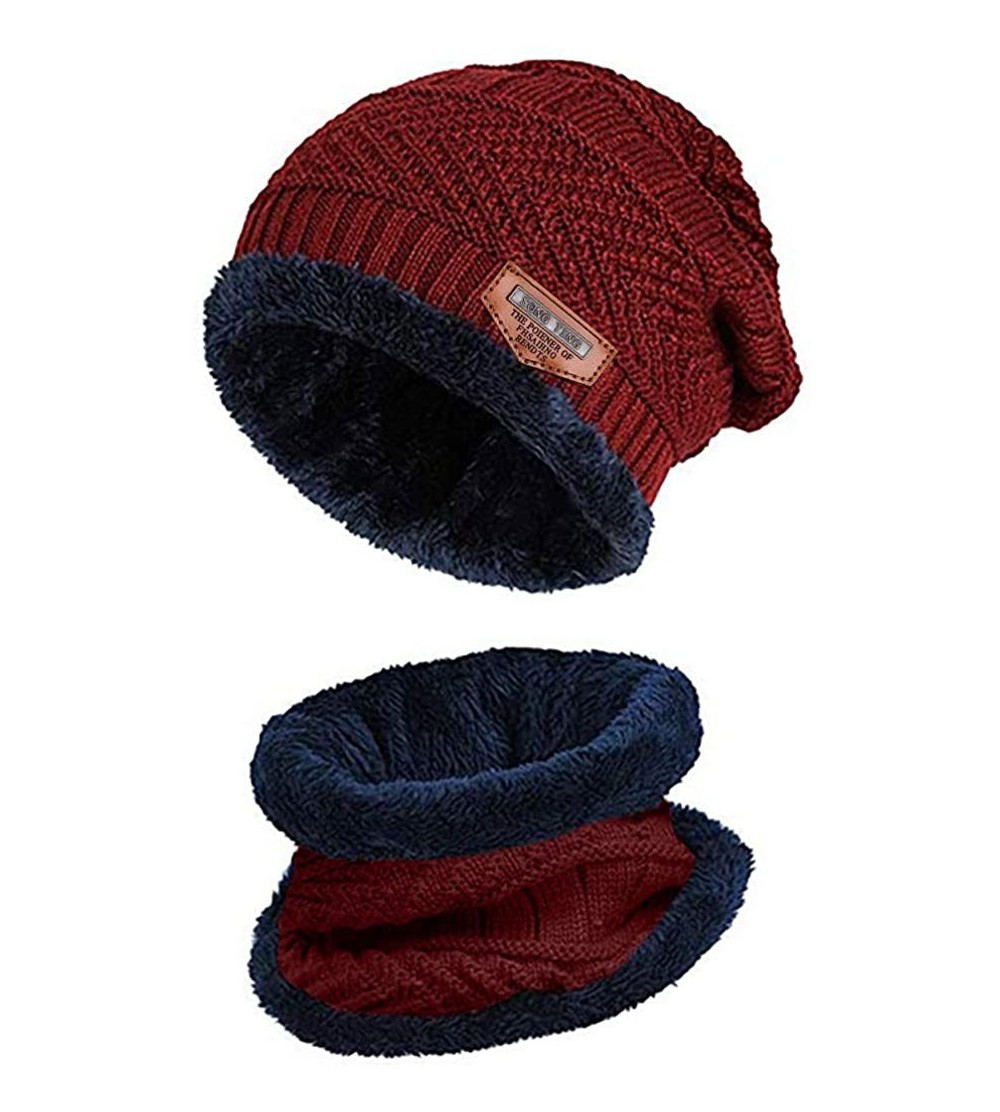 Rain Hats Two-Piece Knit Windproof Cap Winter Beanie Hat Scarf Set Warm Thicking Hat Skull Caps for Men Women Fashion - Red -...