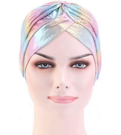 Skullies & Beanies Glitter Laser Flower Turban Colourful Beanie Cap Stretchy Hair Wrap for Women - Pink-a - C218X6EWO6H $9.73
