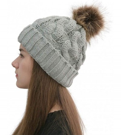 Skullies & Beanies Womens Winter Beanie Hat- Warm Fleece Lined Knitted Soft Ski Cuff Cap with Pom Pom - Gray - C018A7247IY $9.92
