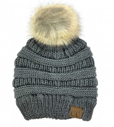 Skullies & Beanies Soft Stretch Cable Knit Ribbed Faux Fur Pom Pom Beanie Hat - Dark Grey Metallic - C7186GGLOAG $16.31