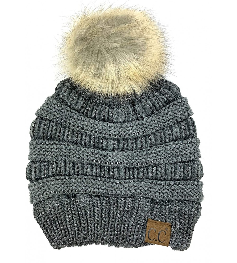 Skullies & Beanies Soft Stretch Cable Knit Ribbed Faux Fur Pom Pom Beanie Hat - Dark Grey Metallic - C7186GGLOAG $16.31
